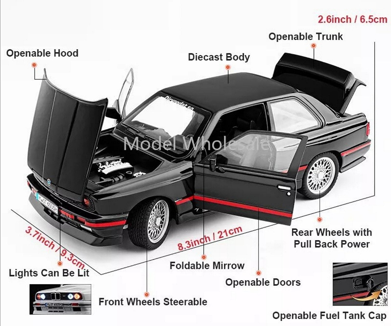 Metalni Bmw E30 M3 sa svetlecim farovima koji otvara vrata haubu i gepek