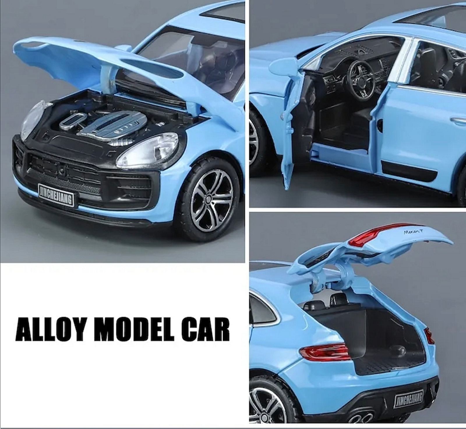 Metalni Porsche Macan T sa svetlecim farovima koji otvara vrata, gepek i haubu
