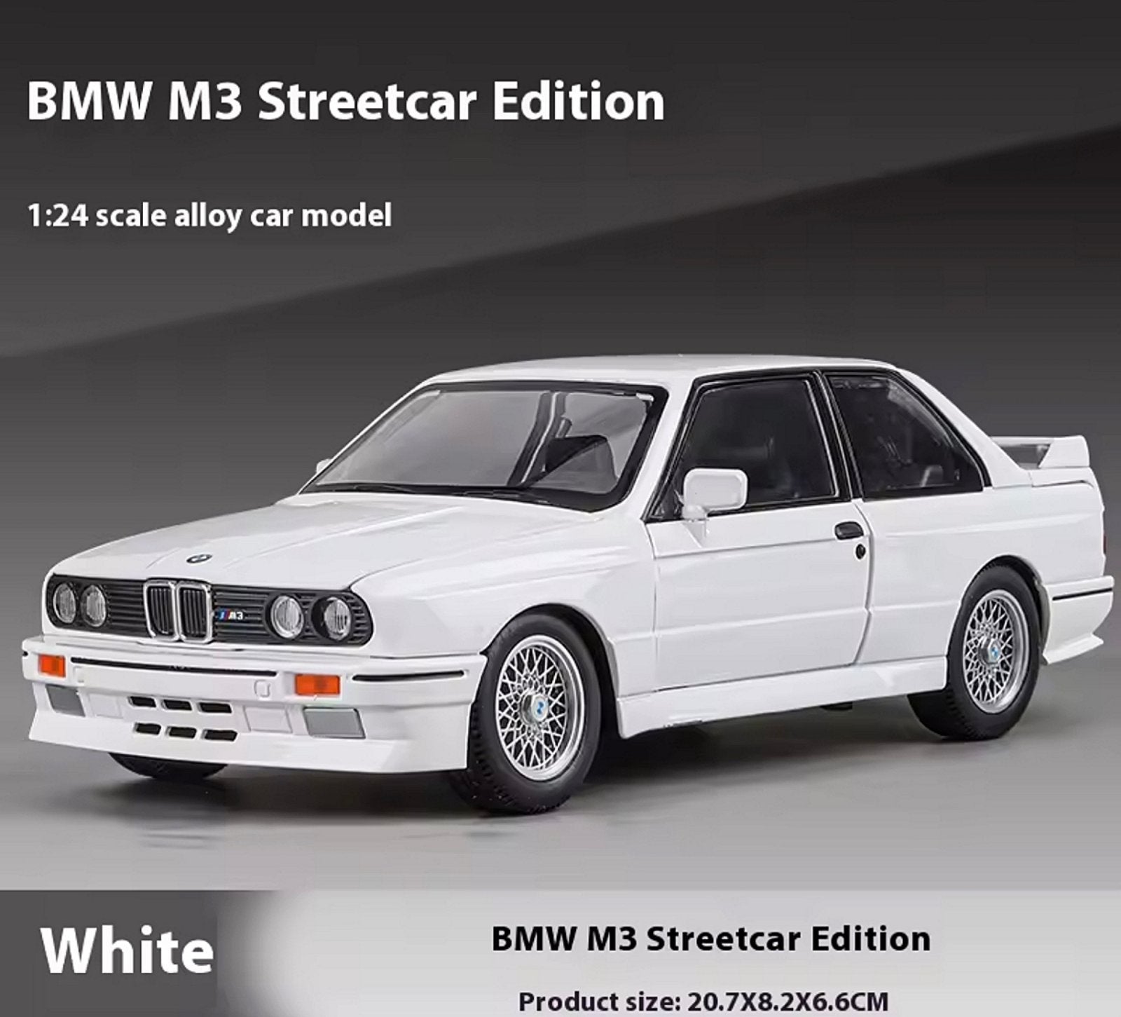 Metalni Bmw E30 M3 sa svetlecim farovima koji otvara vrata haubu i gepek