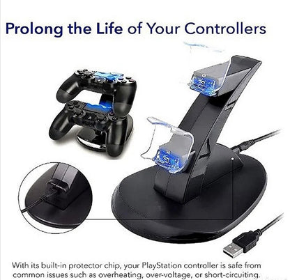 Dupli punjač za PlayStation 4 kontrolere na stolu pored konzole
