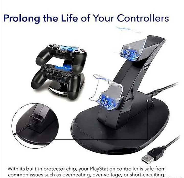 Dupli punjač za PlayStation 4 kontrolere na stolu pored konzole