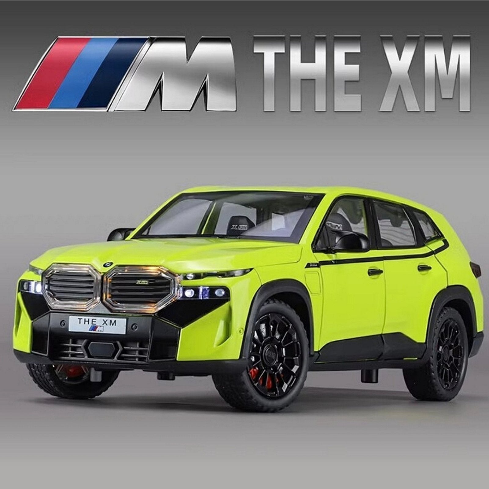 Metalni BMW XM sa svetlećim farovima koji otvara vrata, gepek i haubu