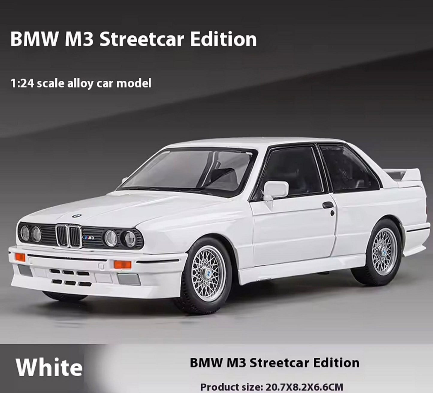 Metalni Bmw E30 M3 sa svetlecim farovima koji otvara vrata haubu i gepek